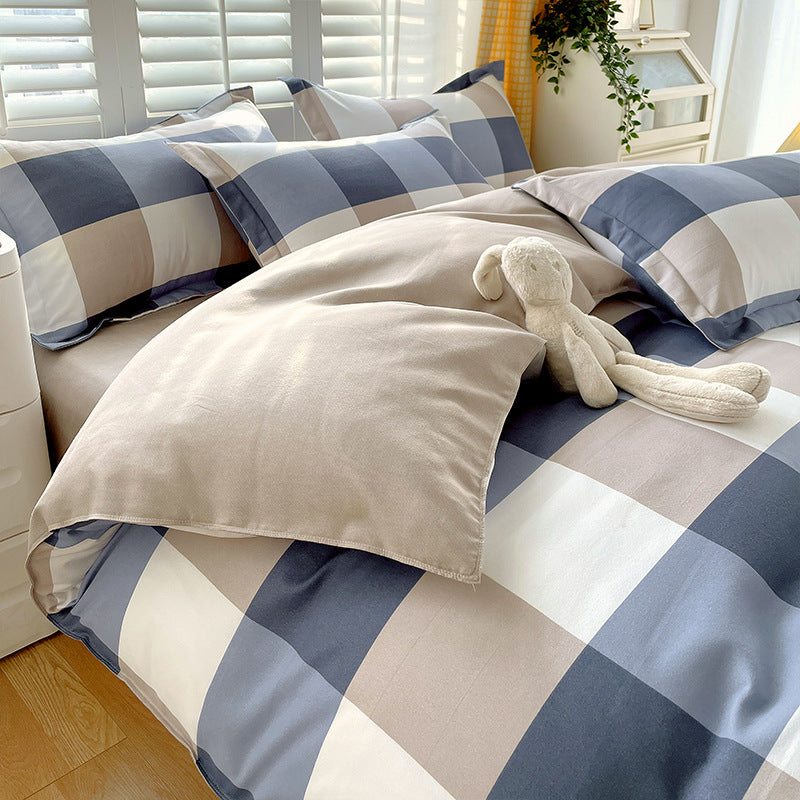 Minimalist Pure Water-Washed Cotton Bedding Set Flannel Grid Good Quality Fitted Sheet Version Student Dormitory Three-Piece Set