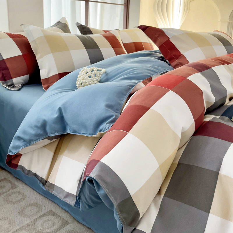 Minimalist Pure Water-Washed Cotton Bedding Set Flannel Grid Good Quality Fitted Sheet Version Student Dormitory Three-Piece Set