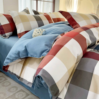 Minimalist Pure Water-Washed Cotton Bedding Set Flannel Grid Good Quality Fitted Sheet Version Student Dormitory Three-Piece Set