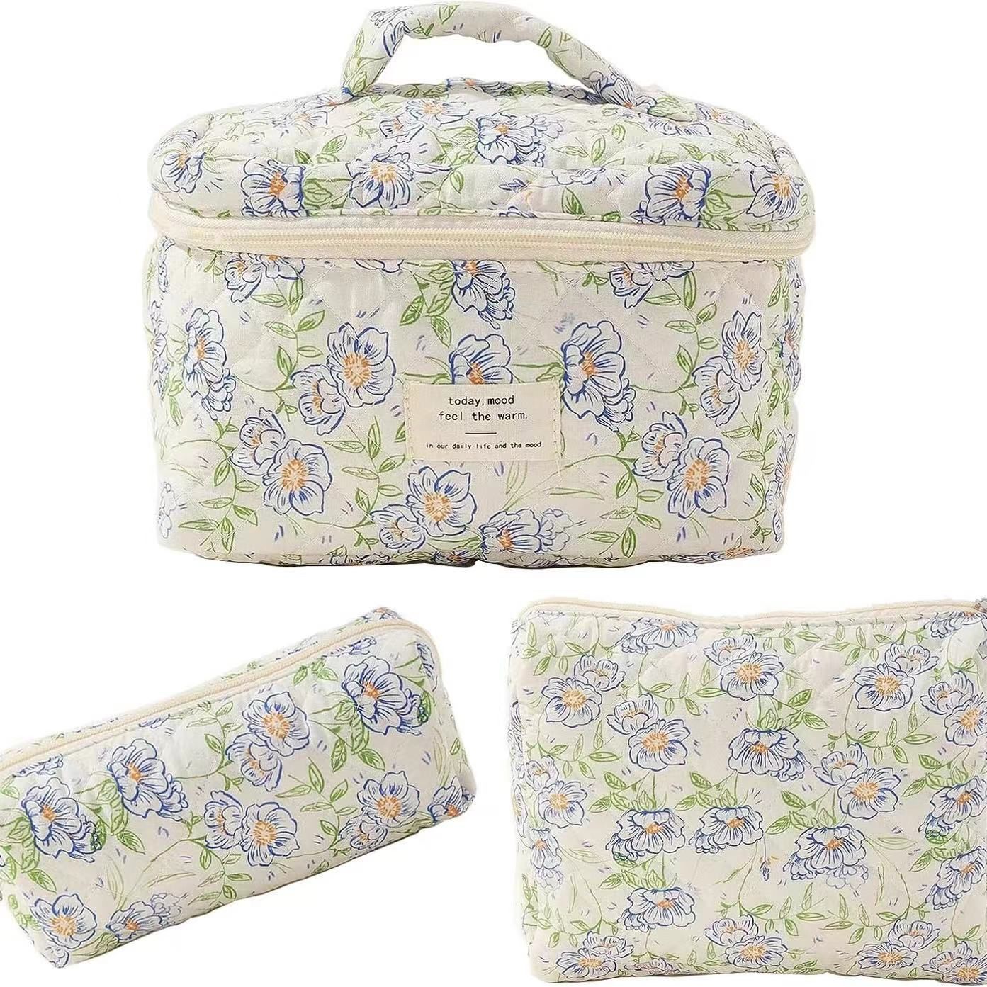 Storage Organizer Floral Quilted Makeup Bags Cotton Padded Cosmetic Bag Large Travel Toiletry Bag Women Zipper Wash Bag