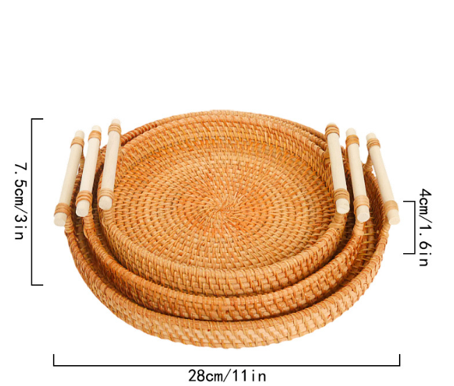 Vietnamese rattan tray rattan storage basket double ear bread fruit snack picnic tray desktop decoration