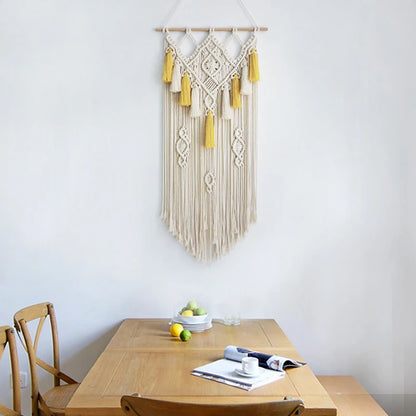 Macrame Wall Hanging Geometric Wall Art Decor Woven Tapestry Bohemian Home Decoration 90cmx45cm Beige and Yellow Large Size