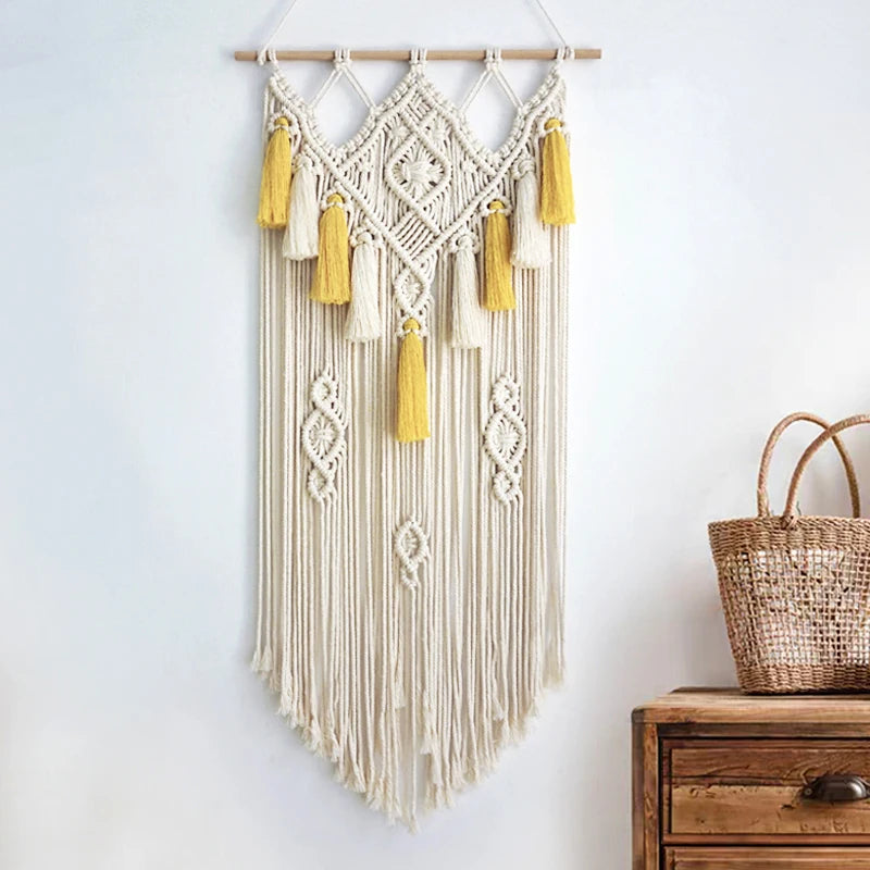 Macrame Wall Hanging Geometric Wall Art Decor Woven Tapestry Bohemian Home Decoration 90cmx45cm Beige and Yellow Large Size