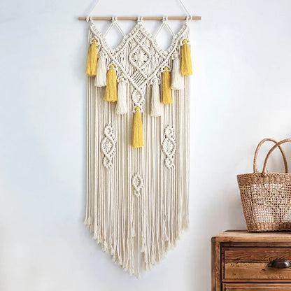 Macrame Wall Hanging Geometric Wall Art Decor Woven Tapestry Bohemian Home Decoration 90cmx45cm Beige and Yellow Large Size